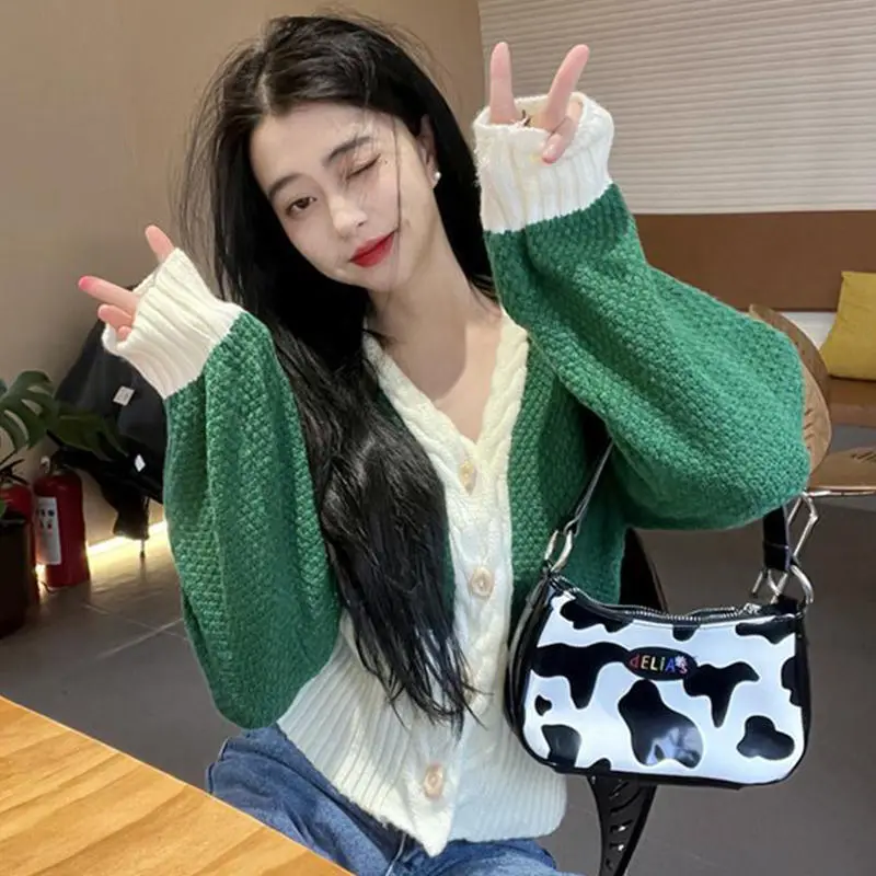 Женский вязаный кардиган с рукавами-фонариками короткий свитер в стиле ретро