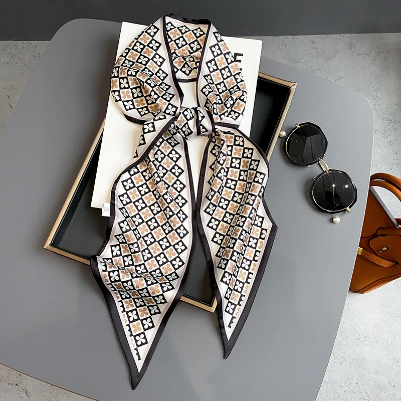 Роскошный длинный шелковый шарф женский тонкий узкий с рисунком в виде лошади и