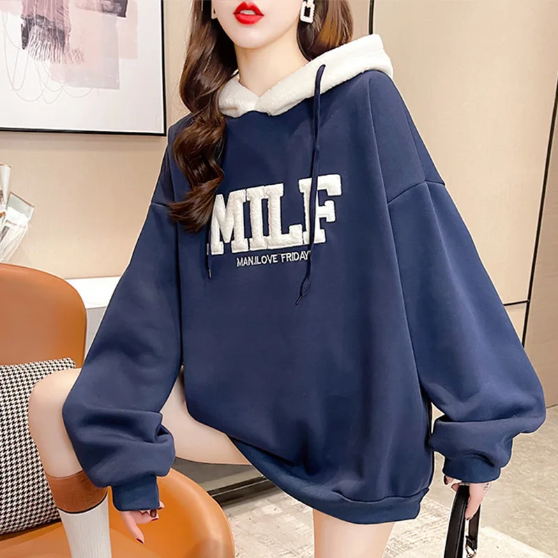 

Letter Print Lamb Wool Hoodies Women Fleece Oversize Korean Style Sweatshirts Female 2021 Autumn Girls Casual Pullovers