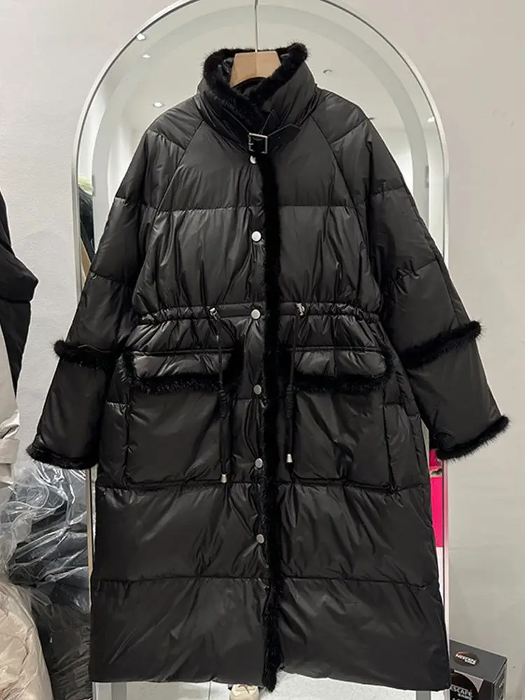 Women Patchwork Mink Hair Long Down Jacket New Casual Style  Autumn Winter White Duck Down Coats And Parkas Female Outwear