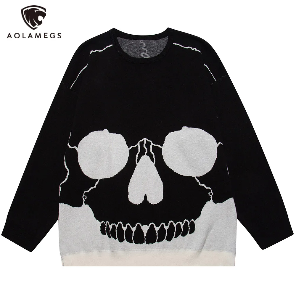 

Aolamegs Men's Oversized Sweater Skull Embroidery Simple All-match Long Sleeves Pullover Hip Hop Baggy Casual Fashion Streetwear