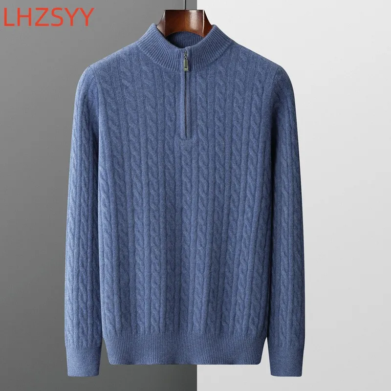 LHZSYY 2022 Winter 100% Cashmere Sweaters Men's New Thicken Twist Tops Zipper Collar Base Shirts Youth Large Size Knit Pullovers