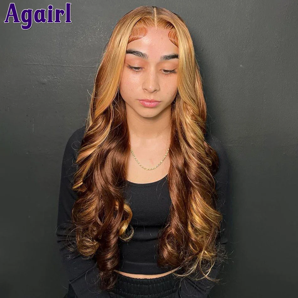 

180% Honey Brown Blonde Body Wave Highlights Human Hair Wig HD 13x6 13X4 Wavy Lace Frontal Wig Glueless 6X4 Lace Wigs For Women