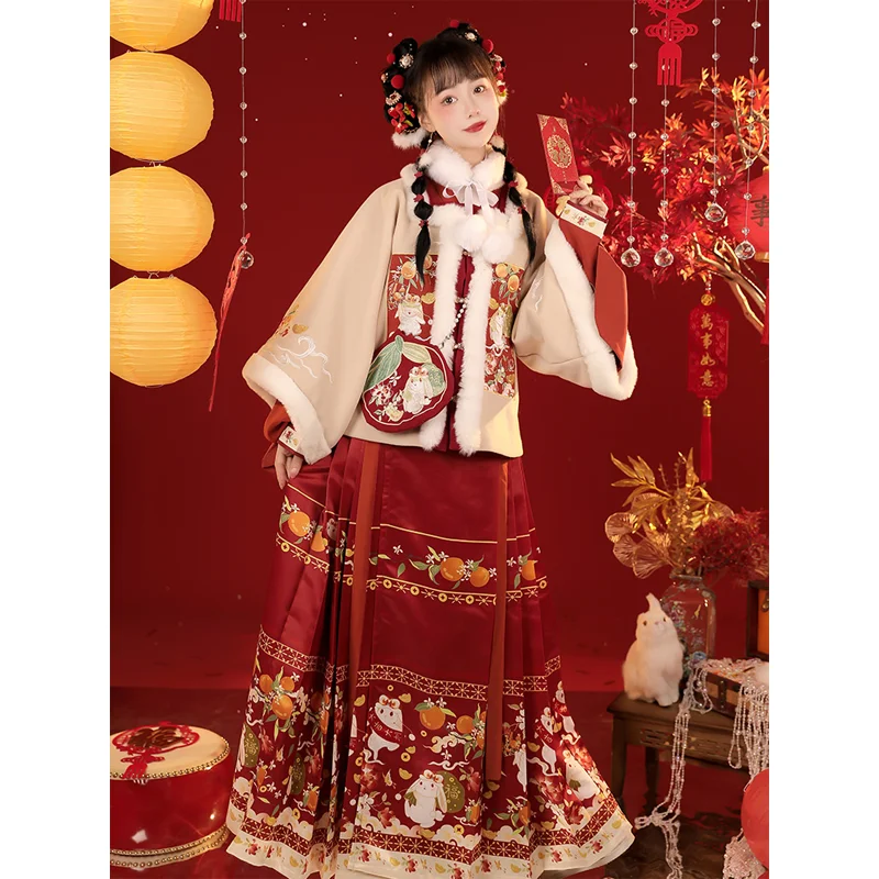 

2 Colors Traditional Chinese Style WInter Hanfu Dress Set Ming Dynasty Thicken Coat Classic Horse Face Skirt Fairy Cape Cloak