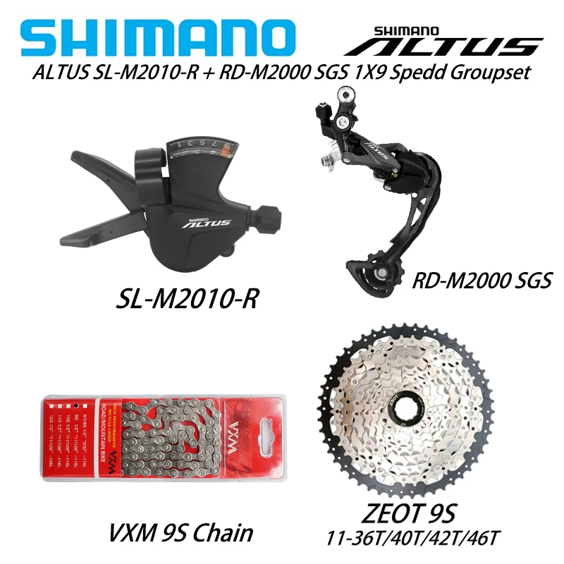 

SHIMANO ALTUS SL-M2010 RD-M2000 9v Groupset SL-M2010 Shifter RD-M2000 Rear Derailleur VXM X9 Chain ZEOT Cassette 11-36/40/42T