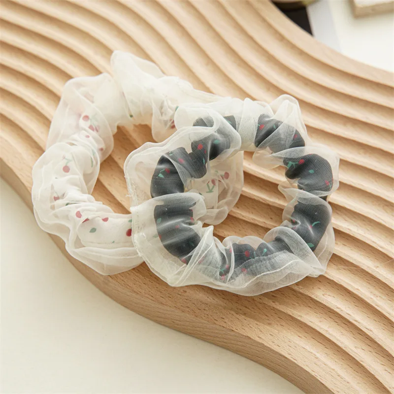 

Fashion Flower Print Double Layer Chiffon Cherry Organza Hair Scrunchies Women Rubber Bands Elastic Net Yarn Ponytail Holder