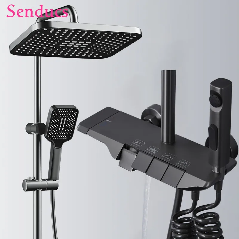 

New Arrival Luxury Black Piano Bathroom Shower Sets Thermostatic Brass Shower Faucet Mixer 12 Inches Big Rainfall Shower Head