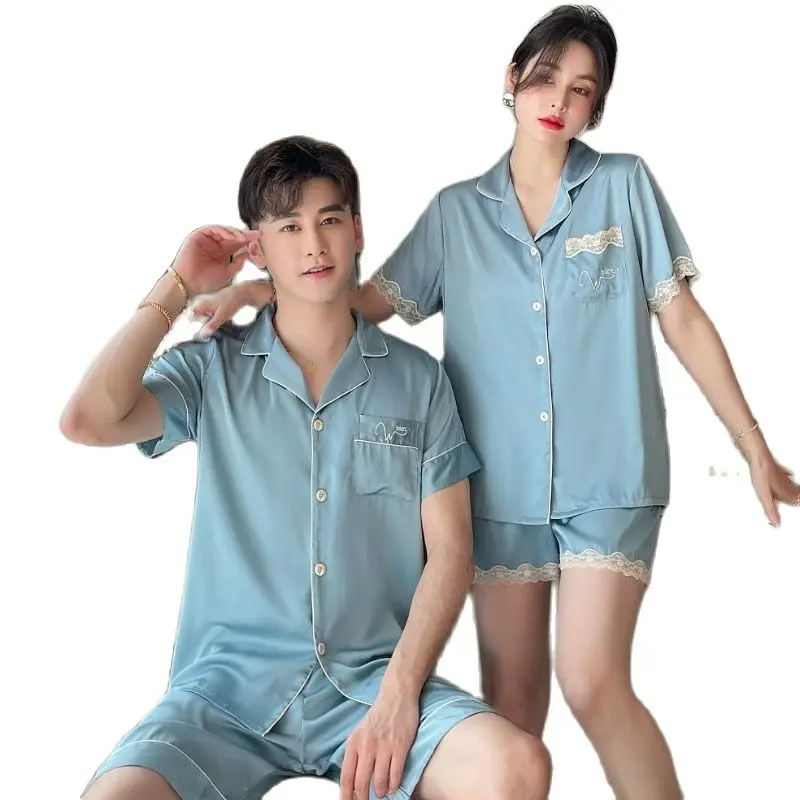 

[Women's pajamas] [high-quality]Couple Ice Silk Pajamas for Men and Women Advanced Spring/Summer Thin Home Fur Set