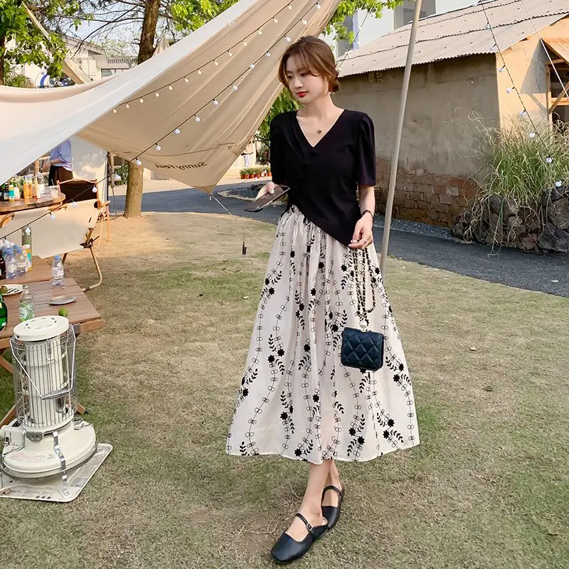 

COIGARSAM Women Skirt Summer Vintage Print Black Skirts Dropshipping