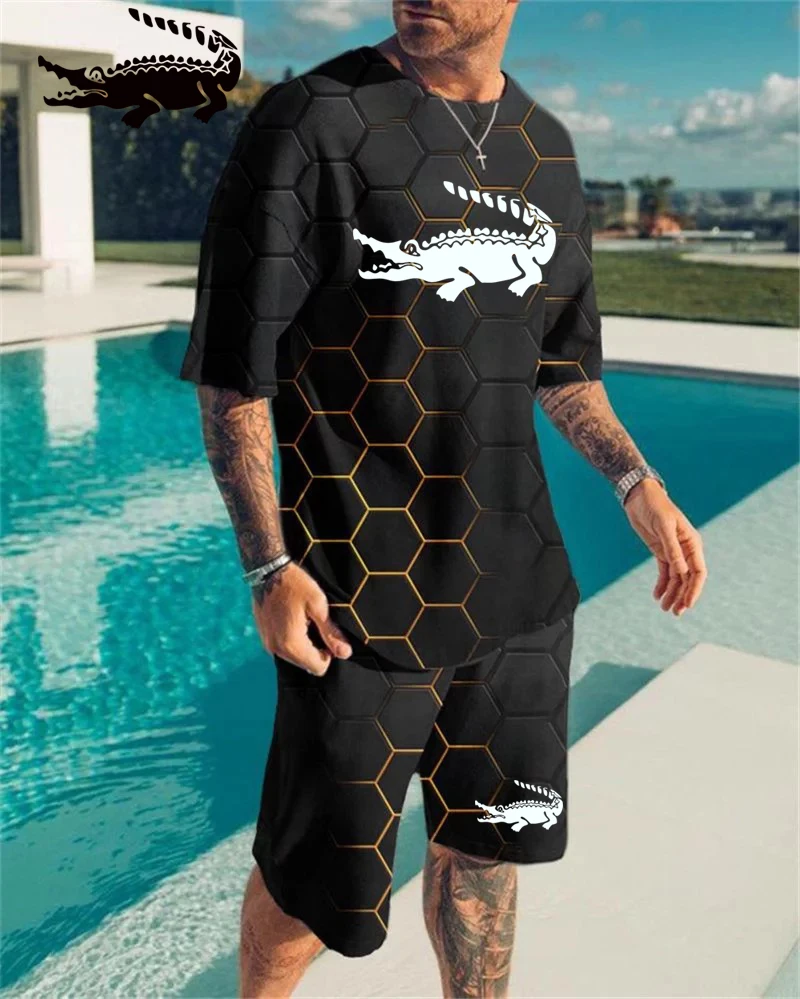 

2022 Crocodile New Men's Casual Sports Suit 3d Printed Men's Short Sleeve T Shirt Plus Size T Shirt Shorts Suit Beach Shorts