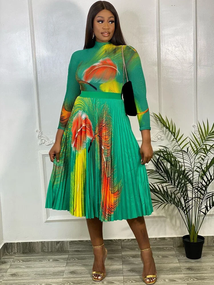 

WUHE Vintage Elegant Printed Long Sleeve T-shirt Pleated Skirt Set Fashion Fall Sexy Two Piece Set Chiffon Party Women Clothes
