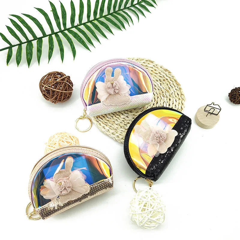 

Кошелек для мелочи с милым Кроликом, голографическая оболочка с блестками и лазерным рисунком Луны, Детская сумка с держателем для карт для девочек, сумка для хранения ключей и наушников