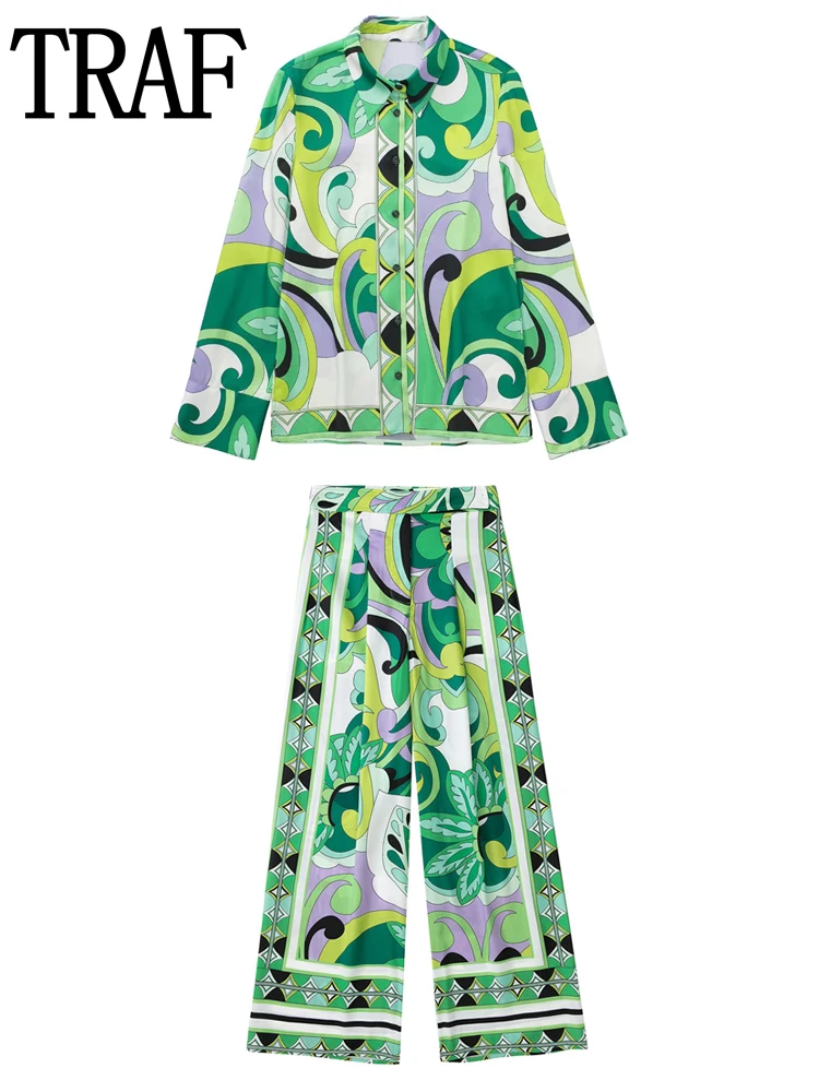 

TRAF High Wasit Wide Pants Sets Woman 2022 Print Green Pants For Women Fashion Baggy Pants Female Vintage Wide Leg Trousers