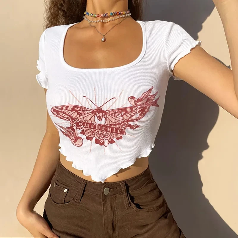 

Fashion Streetwear Butterfly Print Square Neck Sexy Irregular Short Short Sleeve T-Shirt Crop Top Aesthetics Vintage Y2k Clothes