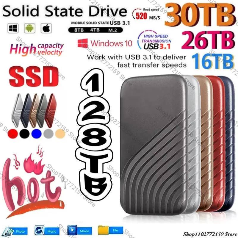 

New Portable High Speed Mobile Solid State Drive 2/8/16/30/64TB SSD Mobile Hard Drives External Storage Decives for Laptop Mac