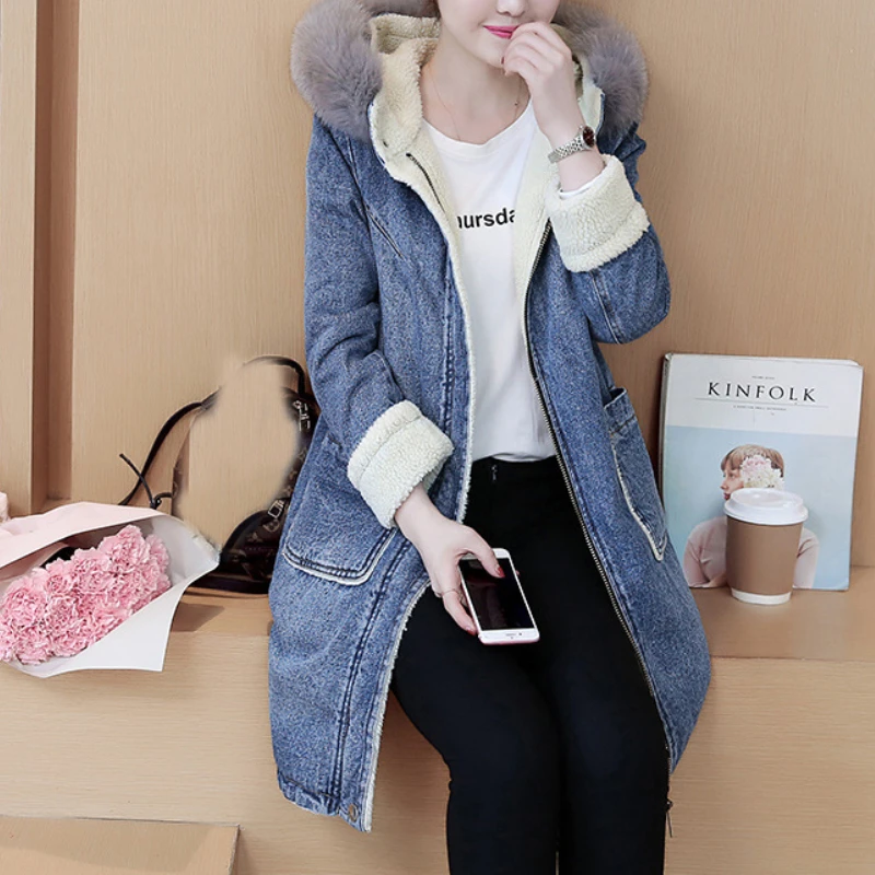 Winter New Korean Style Plus Cashmere Lamb Velvet Windbreaker Women Mid-length Coats Big Fur Collar Denim Cotton-padded Jackets