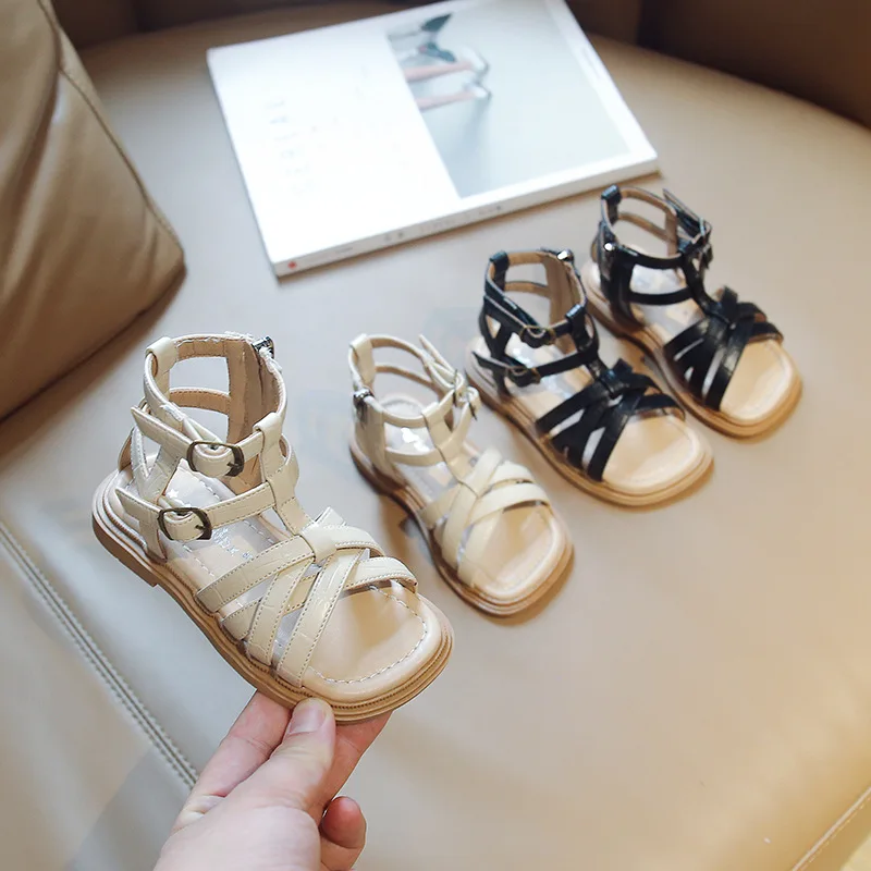 

Girls Fashion Kids 2022 Summer New Children Korean Style Open-toe Solid Beige Roman Shoes Side Zip for Beach Non-slip Versatile