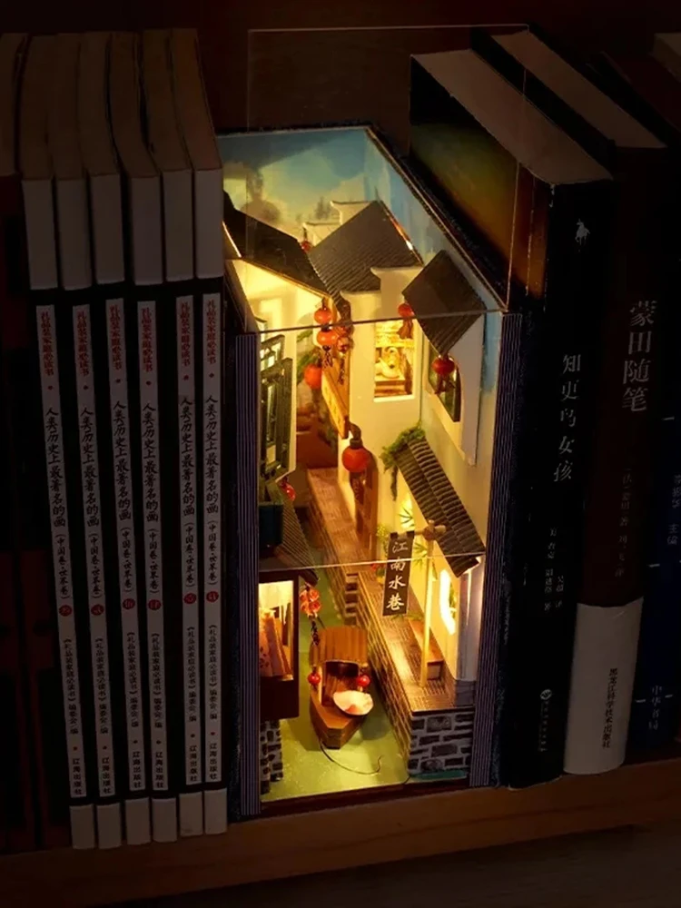 

Retro DIY Book Nook Shelf Wooden Bookshelf Insert Ornaments Dollhouse Model Roombox Building Kit Art Bookends Home Decoration