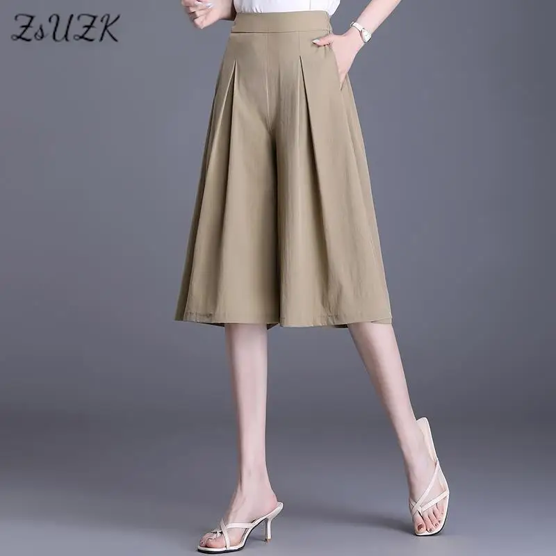 

ZUZK Women Loose Wide Leg Pants Summer Elastic High Waist Casual Half Pants Chic Drape Trousers Skort Pants