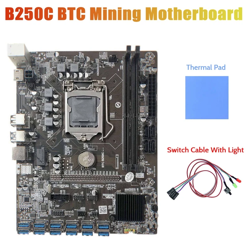 

B250C Miner Motherboard+Switch Cable With Light+Thermal Pad 12 PCIE To USB3.0 Graphics Card Slot LGA1151 Support DDR4
