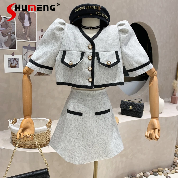 

Женский комплект из 2 предметов, облегающий однобортный короткий топ и мини-юбка с высокой талией, комплекты из двух предметов, весна-лето 2022