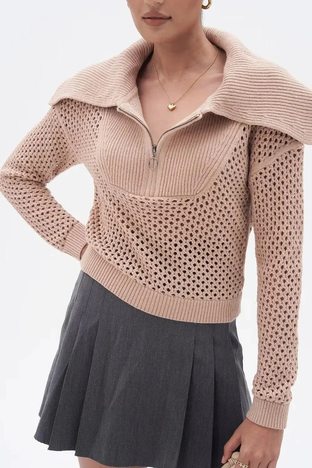 Женский свитер с отложным воротником и ажурным дизайном топы застежкой-молнией