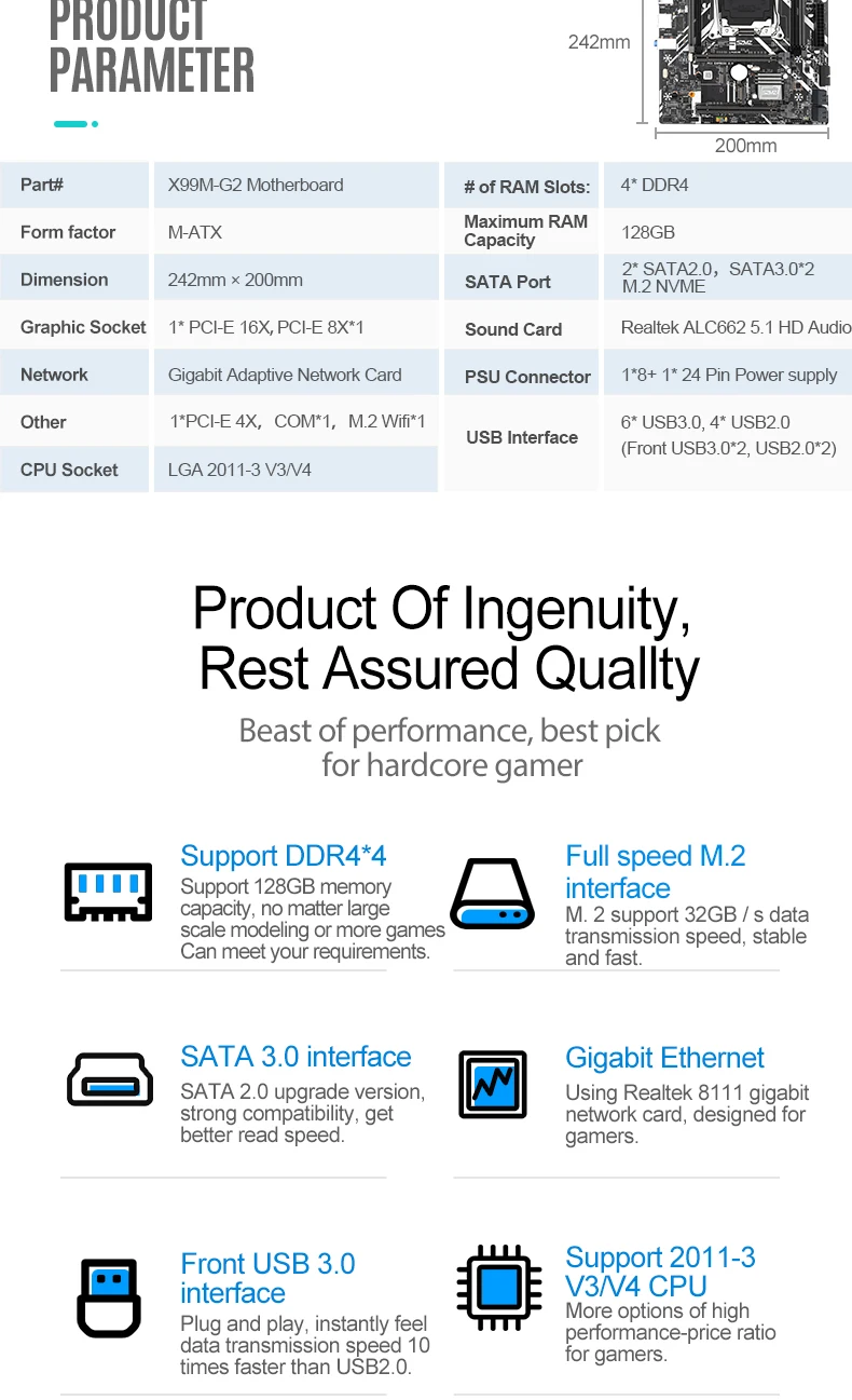 Семейная материнская плата LGA 2011-V3 MATX полная серия ЦП SATA3.0 USB3.0 Gigabit Ethernet M.2 NVME SSD