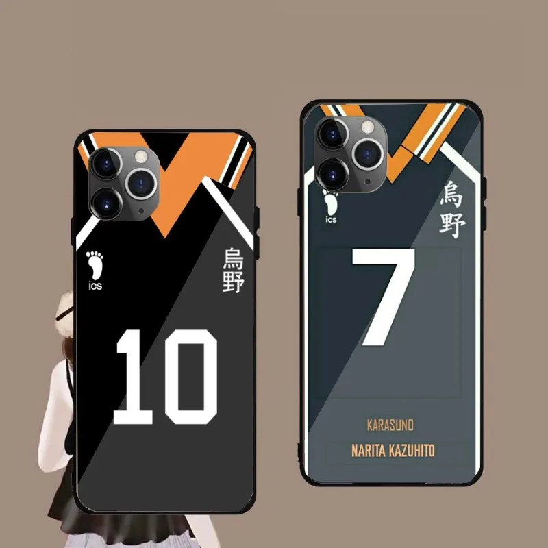 

Чехол Karasuno из Джерси для телефона IPhone 14, 13, 12, 11, XS, X, 8, 7, 6 Plus, Mini Pro Max, SE 2022, черный чехол из поликарбоната и ТПУ со стеклом