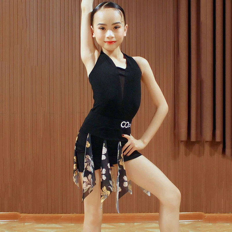 Детское платье для латиноамериканских танцев без рукавов с принтом и бахромой