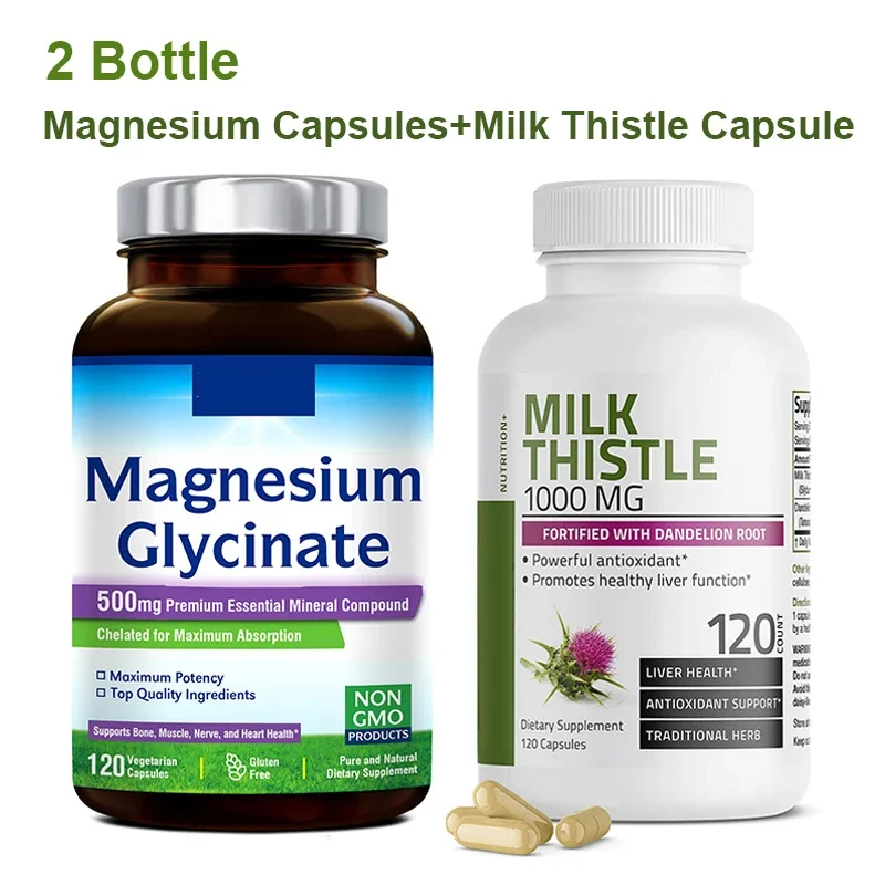 

2 Bottle 240 Pills Magnesium Glycine Capsule+ Milk Thistle Grass Capsule Support Cardiovascular Function liver Supplement