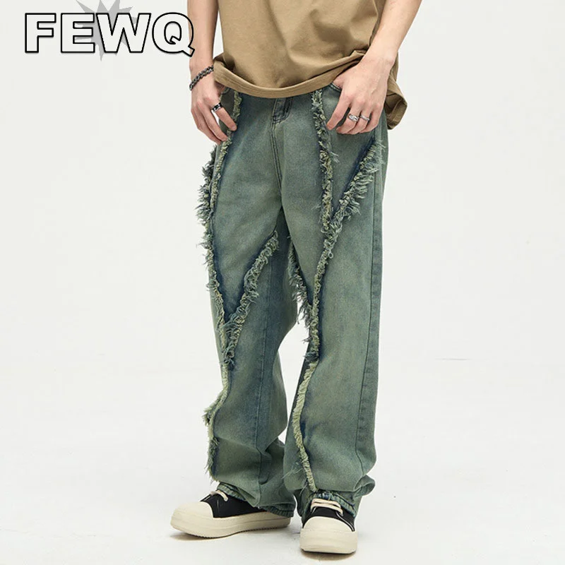 

FEWQ Burrs Ripped Jeans Men's Y2k Denim Trousers Solid Color Vintage Tassel Pants Male Niche Design 2023 Summer Chic New 24B2477
