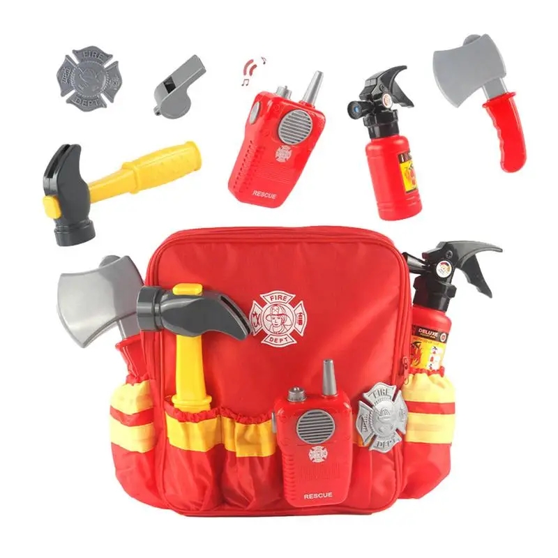 

Kids Firefighter Cosplay Toy Fireman Playing Toys Set With Whistle Hammer Backpack Early Educational Cosplay Role Prop Gift For