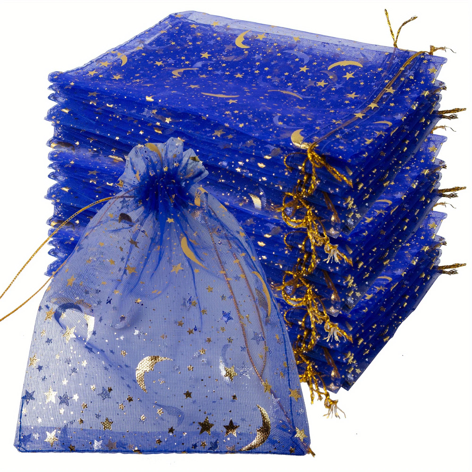 

50 шт. Подарочных Мешочков Из Органзы Синие Звезды Золотые Звезды