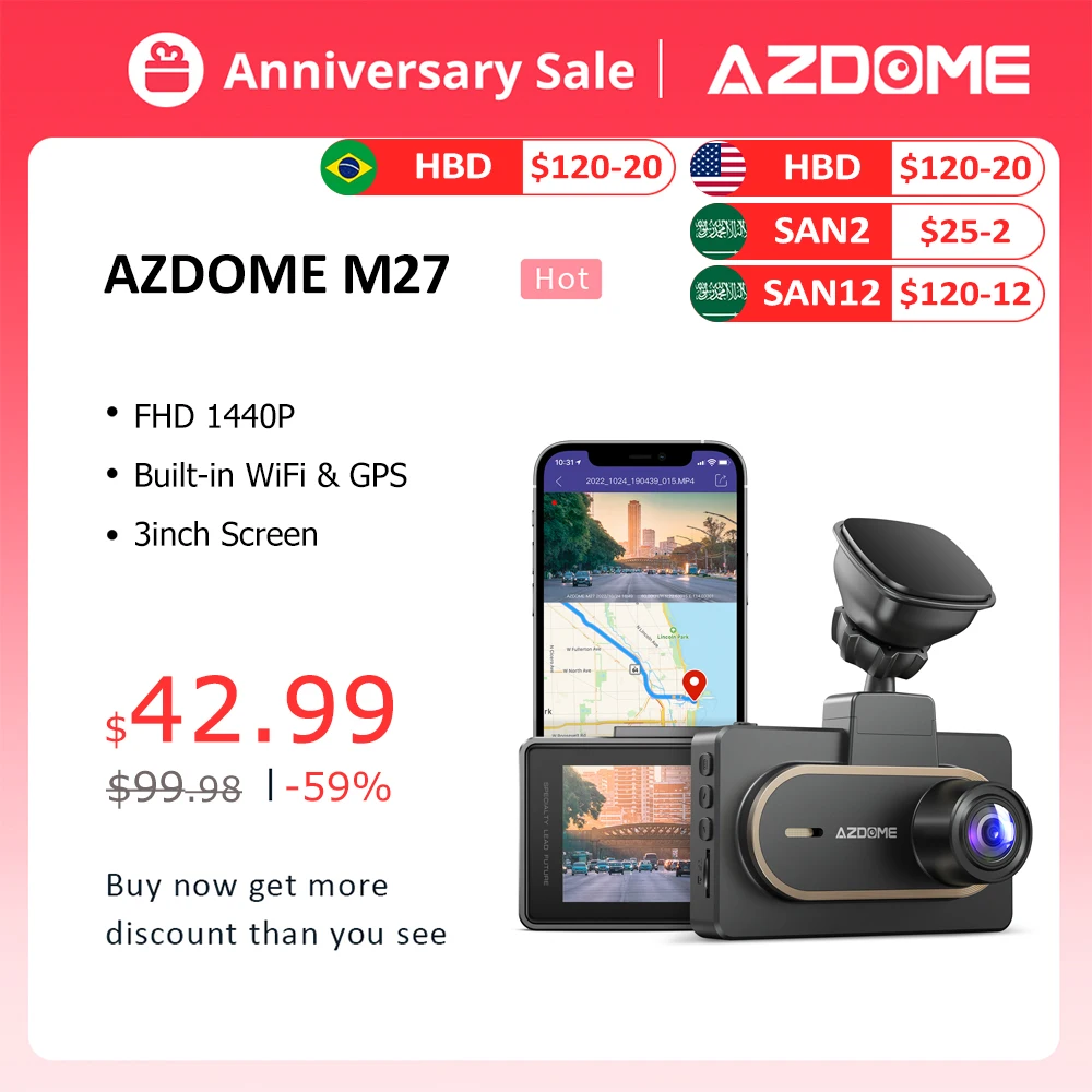 AZDOME M27 Car DVR 2K FHD 1440P Dash Cam Built-in GPS WIFI 3inch IPS Screen Car Recorders Parking Monitor,G-Sensor,Loop Record