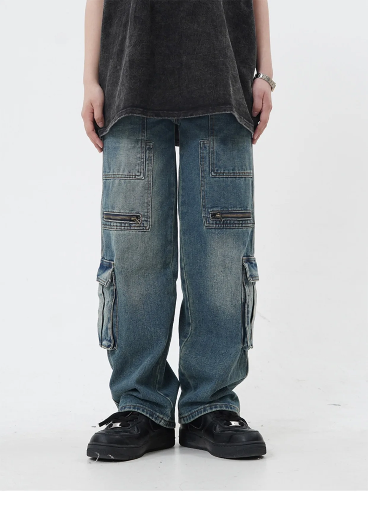 Mens Fashion Straight Denim Jean Pants Unisex Casual Side Big Pocket High Street Cargo Jean Trousers Streetwear Zipper Joggers