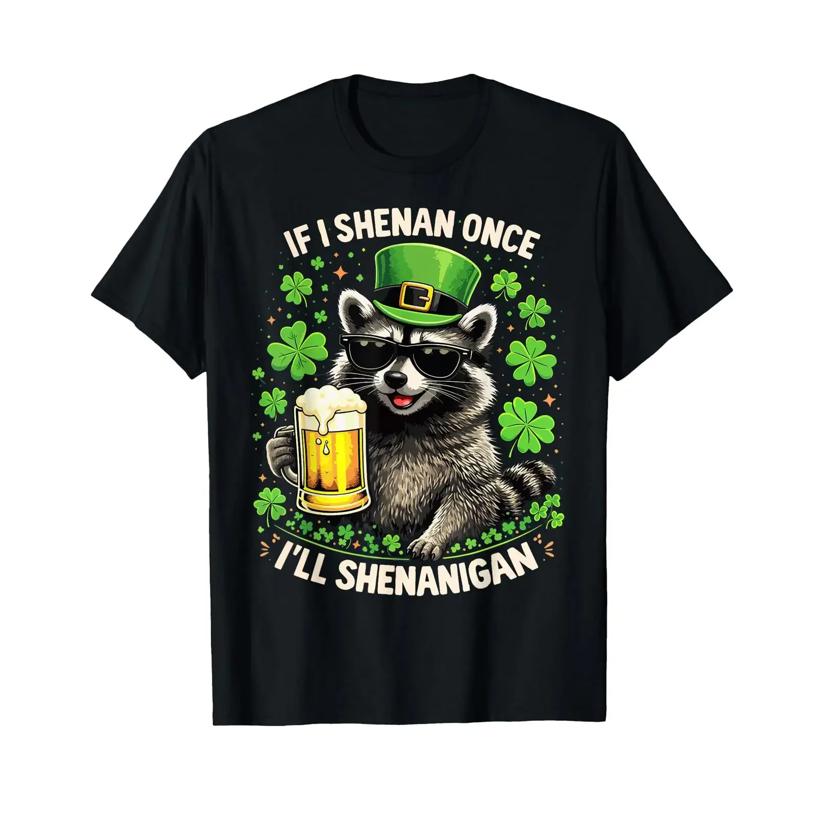 Фото Футболка Raccoon If I Shenan Once ll Shenanigan ко Дню Святого Патрика, винтажная, с эффектом потертости, с принтом, мягкая, дышащая, универсальная. №1