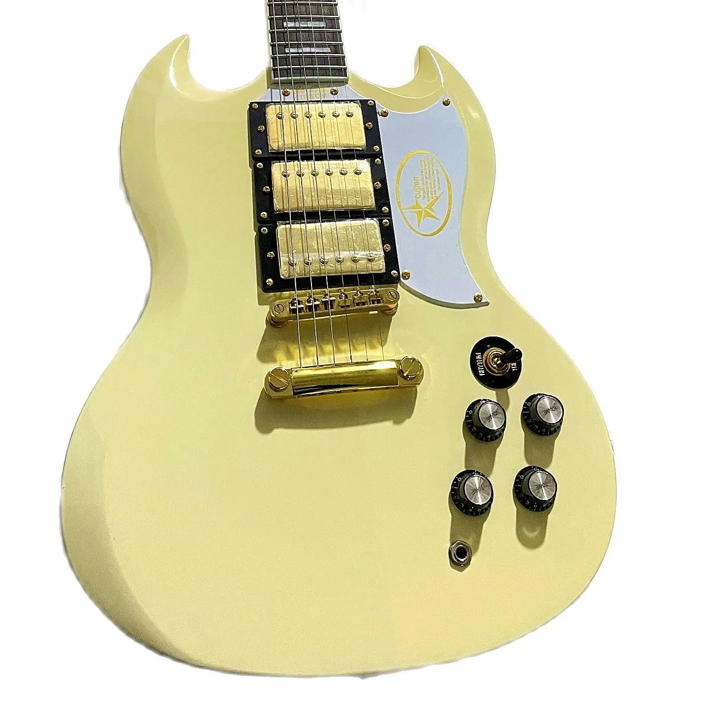 Новинка! Электрогитара SG кремово-желтого цвета твердый корпус черное дерево