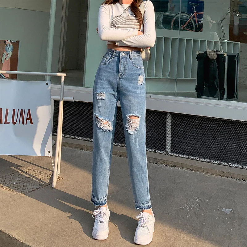 Blue Beggar's Nine Point Jeans Hole Women's Spring Summer New Straight Tube Loose High Waist Show Thin Pants Street Trendsetter