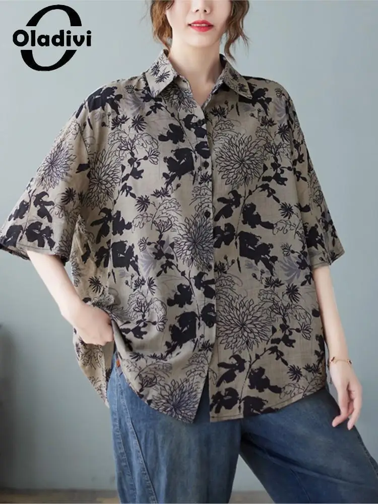 

Oladivi Women's Fashion Floral Print Blouses 2022 Summer New Casual Loose Cotton Linen Shirts Female Oversized Top Clothing 8005