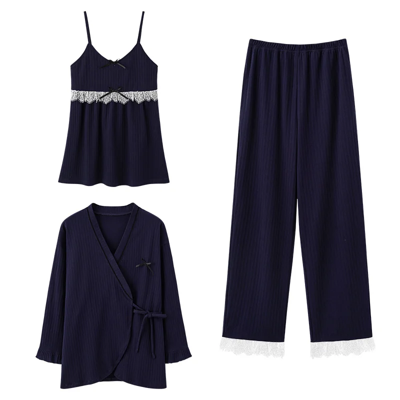 Pajama Set Women Cotton 3pcs Robes Sling Pants Lace Pajamas Sets Women Autumn Floral Sexy Sleep Suit V-neck Spring Home Lounge