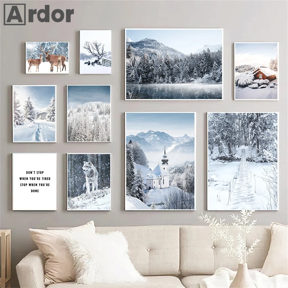 

Winter Snow Canvas Painting Mountain Forest Lake Posters Bridge Deer Cabin Wall Art Prints Nordic Picture Living Room Home Decor