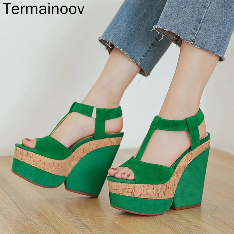 

Termainoov New Sandals Peep Toe Women's Summer Platform Wedge Buckle Sandals High Heel Retro Style Suede Plus Size Women's Shoes