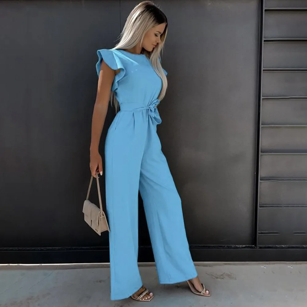 Women Jumpsuits Solid Shorts Sleeve Bodysuits Waistband Streetwear Casual Overalls Catsuits Rompers Ruffle Edge Strap Pants 2XL