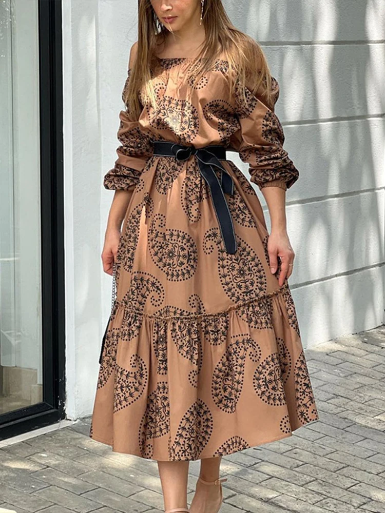 

Fashion Long Sleeves Maxi Dress Women Elegant One Shoulder Pattern Print A-Line Dress Spring Lace Up Belt Beach Sundress Mujer