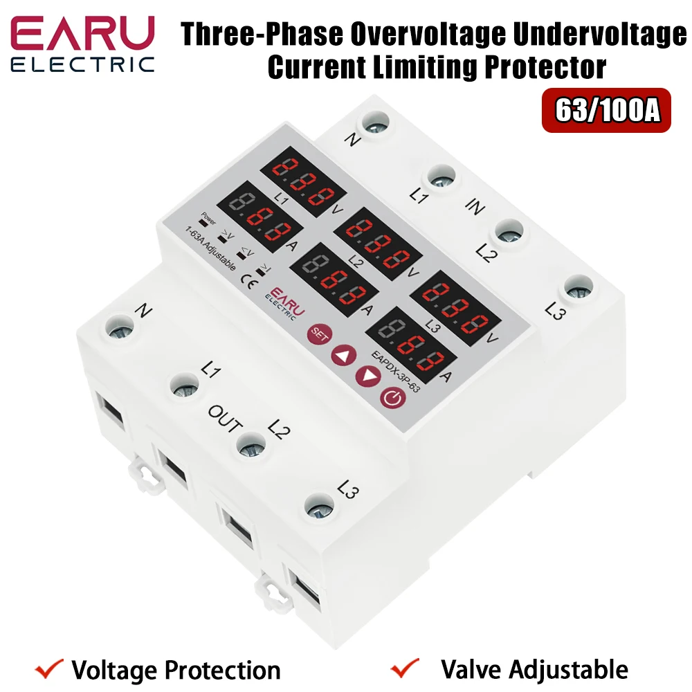 

63A 100A Трехфазное регулируемое реле защиты от повышенного и пониженного напряжения с защитой от тока и функцией автоматического сброса