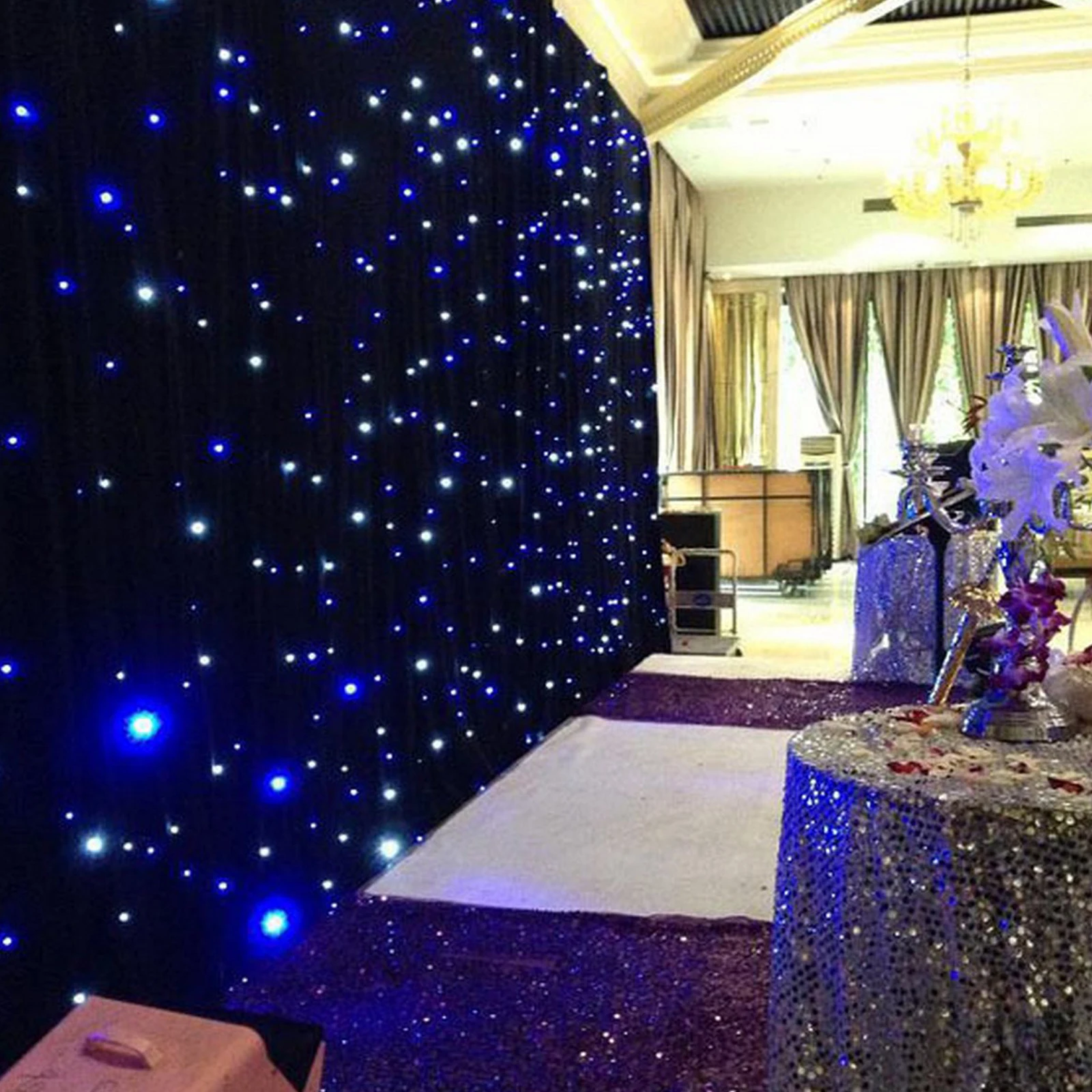 3X3M LED Stage Drape Star Cloth Curtain Backdrop Background Screen Blue+White for Wedding Christmas Party Decoration