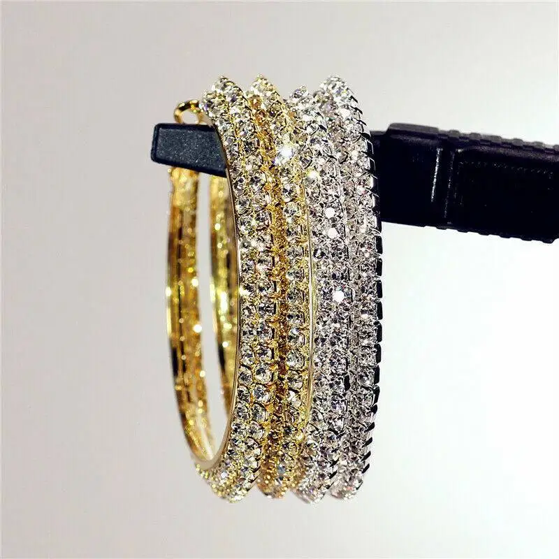 

Fashion Ear Hoop Women Earrings Cubic Zirconia Rhinestone Jewelry Earring Diamond Double Row Hoop Earrings