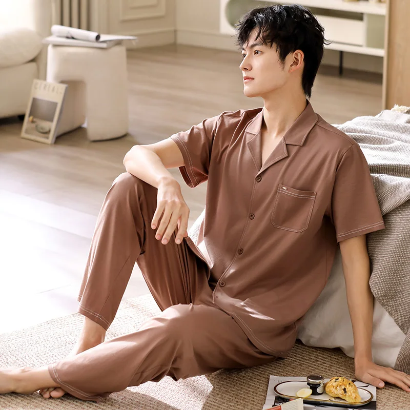 Mens Soft Cotton Pajamas Set Summer Short Sleeve Cardigan Tops Long Pants Pyjamas Male Sleepwear Set Solid Color Loungewear