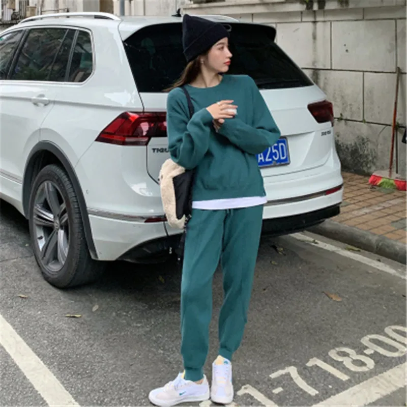 

Spring Fall Fashion Sweatshirts Sport Homewear Suit Women Solid Color Sweater 2 Piece Knitted Pant Sets Female Slim Tracksuit