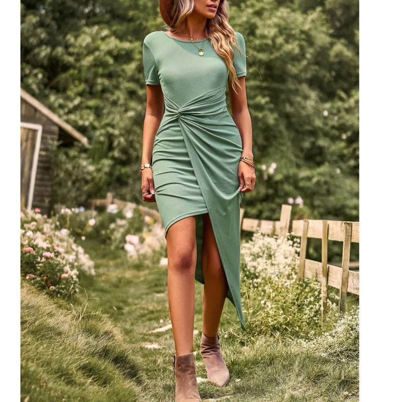 

2023 High Elastic Light Dresses Casual O Neck Short Sleeve Skirt Solid Color Knitted Dress New Women Summer Vestidos Para Mujer